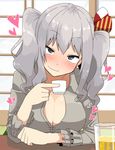  alcohol blush breasts choko_(cup) cleavage cup drinking_glass drunk grey_hair heart kantai_collection kashima_(kantai_collection) kotatsu kozou_(rifa) large_breasts looking_at_viewer sitting smile solo table twintails 