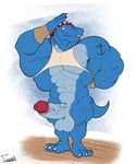  anthro balls bandanna big_balls big_penis bottomless clothed clothing dinosaur erection huge_balls huge_penis humanoid_penis hyper hyper_muscles looking_at_viewer male muscular penis solo standing uniparasite vein 