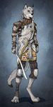  anthro armor barefoot blue_eyes canine claws clothed clothing digitigrade ear_notch foot_wraps fully_clothed male mammal melee_weapon paws scar solo standing sword titusw weapon wolf wraps 