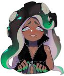  :d bare_shoulders black_hair blue_eyes blush breasts cleavage commentary crop_top dark_skin fingerless_gloves gloves green_hair green_nails headphones highres iida_(splatoon) long_hair looking_at_viewer medium_breasts moetooru mole mole_under_mouth multicolored_hair nail_polish octarian open_mouth pink_pupils simple_background smile solo splatoon_(series) splatoon_2 suction_cups symbol-shaped_pupils tentacle_hair two-tone_hair upper_body white_background zipper zipper_pull_tab 