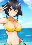  bangs bikini bikini_shorts black_hair braid breasts brown_eyes cleavage cloud cloudy_sky dated day girls_und_panzer green_bikini_bottom grin highres ken_hayasaka looking_at_viewer medium_breasts mismatched_bikini ocean one_eye_closed outdoors pepperoni_(girls_und_panzer) short_hair shorts side_braid sky smile solo standing swimsuit twitter_username upper_body v yellow_bikini 