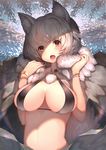  :o absurdres animal_ears bad_id bad_pixiv_id bangs blush bracelet breasts brown_eyes commentary_request eyebrows_visible_through_hair fang fur_collar hands_up highres inubashiri_momiji jewelry kumanoi_azuki large_breasts looking_at_viewer shade short_hair silver_hair smile solo swimsuit tareme teeth thick_eyebrows touhou upper_body 
