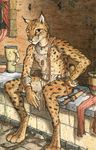  anthro bracelet clothed clothing dagger detailed_background digitigrade feline fur jewelry loincloth lynx male mammal melee_weapon necklace orange_eyes paws sitting solo spots spotted_fur titusw topless vase weapon 
