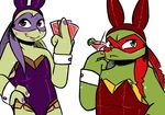  2017 anthro bandanna beverage blush bunny_costume card chipped_shell clothed clothing colored_nails costume crossdressing donatello_(tmnt) duo fake_ears fake_rabbit_ears food fruit green_eyes hand_on_hip holding_object inkyfrog lime lipstick looking_at_viewer makeup male martini_glass mask playing_card purple_nails raphael_(tmnt) red_eyes red_nails reptile scalie shell shirt_cuffs simple_background sweat sweatdrop teenage_mutant_ninja_turtles turtle white_background 
