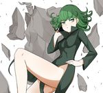  bare_legs blush breasts closed_eyes commentary_request curly_hair dress floating floating_rock green_dress green_eyes green_hair hand_on_hip holding holding_phone long_sleeves looking_up medium_breasts no_panties one-punch_man phone rock senju_(snz0) short_hair solo tatsumaki 