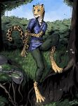  anthro barefoot blue_eyes clothed clothing digitigrade feline forest grass hindpaw leopard male mammal outside paws sitting sky smile solo titusw tree 