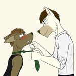  anthro blush canine clothing dog duo embarrassed eye_contact fangs fuze male male/male mammal markings necktie pull suit 