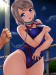  bdsm blue_eyes blue_swimsuit bondage bound brown_hair collar competition_swimsuit cowboy_shot dog_collar highres kujafumi lamppost leash looking_at_viewer love_live! love_live!_sunshine!! night night_sky one-piece_swimsuit open_mouth power_lines railing restrained shibari short_hair sky solo swimsuit watanabe_you wide_hips 