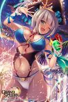  ;d aqua_eyes bangs bare_shoulders breasts cloud copyright_name cup drinking_glass drinking_straw eyebrows_visible_through_hair feathers flower food fruit fukai_ryousuke grand_sphere hat holding large_breasts logo looking_at_viewer navel one_eye_closed open_mouth outdoors palm_tree shiny sky smile solo splashing sunset swimsuit thigh_strap tree water white_hair 