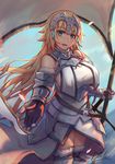  artist_name bare_shoulders blonde_hair blue_eyes blush breasts fate/apocrypha fate_(series) flag gloves highres jeanne_d'arc_(fate) jeanne_d'arc_(fate)_(all) large_breasts long_hair looking_at_viewer qblade signature smile solo thighs 