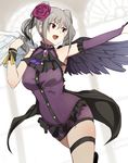  :d armpit_peek asymmetrical_wings bangs bare_shoulders breasts commentary_request cowboy_shot elbow_gloves feathered_wings flower gloves green_hair hair_flower hair_ornament idolmaster idolmaster_cinderella_girls kanzaki_ranko large_breasts legband medium_hair open_mouth outstretched_arm red_eyes red_flower red_rose rose rosenburg_engel senju_(snz0) skindentation smile solo twintails wings 