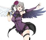  :d armpit_peek asymmetrical_wings bangs bare_shoulders breasts commentary_request cowboy_shot elbow_gloves feathered_wings flower gloves green_hair hair_flower hair_ornament idolmaster idolmaster_cinderella_girls kanzaki_ranko large_breasts legband medium_hair open_mouth outstretched_arm red_eyes red_flower red_rose rose rosenburg_engel senju_(snz0) simple_background skindentation smile solo twintails white_background wings 