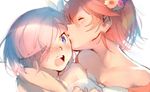  bare_shoulders blush dress eye_kiss fate/grand_order fate_(series) fujimaru_ritsuka_(female) kiss mash_kyrielight mebaru multiple_girls orange_hair purple_hair short_hair surprised yuri 