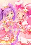  :d blush bow cake_hair_ornament crossover cure_whip dress epaulettes extra_ears food_themed_hair_ornament gloves green_eyes hair_bow hair_ornament hairband heart heart_hands heart_hands_duo highres holding_hands kirakira_precure_a_la_mode layered_skirt long_hair looking_at_viewer magical_girl manaka_lala multiple_girls open_mouth piano_(mymel0v) pink_bow pink_hair pink_neckwear precure pretty_(series) pripara purple_hair red_eyes red_hairband smile symmetry twintails usami_ichika white_dress white_gloves wrist_cuffs 