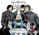  6+boys beard black_hair blonde_hair bow clinging commentary_request crossover crying drifters facial_hair fate/grand_order fate_(series) gloves golden_kamuy hair_bow hijikata_toshizou_(drifters) hijikata_toshizou_(fate/grand_order) hijikata_toshizou_(golden_kamuy) historical_connection izumi-no-kami_kanesada japanese_clothes kashuu_kiyomitsu koha-ace mado_(mukade_tou) multiple_boys multiple_crossover namesake okita_souji_(fate) okita_souji_(fate)_(all) red_gloves shared_thought_bubble shinsengumi simple_background thought_bubble touken_ranbu translation_request white_background yamato-no-kami_yasusada 