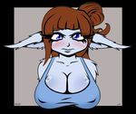  2017 absurd_res bangs big_breasts big_eyelashes blue_eyes blush breasts brown_hair cleavage clothed clothing female hair hair_bun hi_res huge_breasts league_of_legends long_hair looking_at_viewer lowered_ears riot_games safe shirt shortstack solo tank_top unimpressed video_games vrabo wrapped_hair yordle 