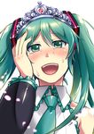  aqua_eyes aqua_hair blush caffein commentary_request crying crying_with_eyes_open detached_sleeves happy happy_tears hatsune_miku headphones headset highres jewelry long_hair necktie open_mouth sleeveless smile solo tears tiara twintails very_long_hair vocaloid 