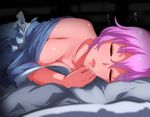  blanket blue_dress breasts cleavage closed_eyes dress japanese_clothes kimono large_breasts lying on_side open_mouth pillow pink_hair saigyouji_yuyuko short_hair sleeping solo tenyunkel touhou wavy_hair 