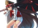  :d bangs brown_hair buster_shirt cowboy_shot eyebrows_visible_through_hair fate/grand_order fate_(series) grin hair_between_eyes hand_on_own_knee hand_up hat headphones headphones_around_neck holding holding_sword holding_weapon jacket koha-ace leaning_forward legs_apart letterman_jacket long_hair looking_at_viewer md5_mismatch military military_hat miniskirt oda_nobunaga_(fate) oda_nobunaga_(swimsuit_berserker)_(fate) open_clothes open_jacket open_mouth over_shoulder peaked_cap red_eyes red_jacket simple_background skirt sleeves_past_elbows smile solo striped striped_skirt sword tohogaeru v-shaped_eyebrows very_long_hair weapon weapon_over_shoulder white_background 