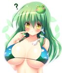  :3 ? bare_shoulders bikini blush breasts breasts_apart collarbone commentary_request eyes_visible_through_hair finger_to_face frog_hair_ornament green_hair hair_ornament highres huge_breasts kochiya_sanae long_hair looking_at_viewer osashin_(osada) snake_hair_ornament solo swimsuit touhou upper_body yellow_eyes 