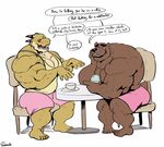  anthro bear clothed clothing dialogue duo english_text gossip humor hyper hyper_muscles lipstick makeup male mammal muscular open_mouth scalie smile text topless uniparasite 