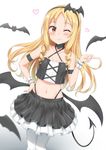  ;) absurdres armband bat bat_hair_ornament bat_wings blonde_hair blush breasts brown_eyes closed_mouth collarbone commentary demon_tail eromanga_sensei hair_ornament hairband hand_on_hip heart highres long_hair looking_at_viewer midriff navel nedia_(nedia_region) one_eye_closed pointy_ears simple_background skirt small_breasts smile solo tail white_background white_legwear wings wrist_cuffs yamada_elf 