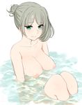  areolae blush breasts collarbone commentary_request eyebrows_visible_through_hair green_eyes grey_hair hair_bun heterochromia highres idolmaster idolmaster_cinderella_girls large_breasts legs looking_at_viewer mole mole_under_eye nude partially_submerged senju_(snz0) short_hair simple_background smile solo sweat takagaki_kaede water white_background 