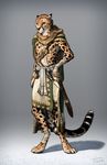  anthro cheetah cloak clothed clothing digitigrade feline foot_wraps hand_wraps headband knife looking_at_viewer male mammal melee_weapon orange_eyes paws scarf skirt solo standing sword titusw topless weapon wraps 