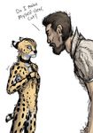  anthro beard blue_eyes chain clothed clothing collar dialogue duo facial_hair feline human male mammal nude scared serval size_difference slave titusw 