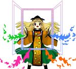  black_hat blonde_hair door hat hidden_star_in_four_seasons long_hair lowres matara_okina official_art oota_jun'ya open_mouth simple_background solo tabard touhou white_background wide_sleeves yellow_eyes 