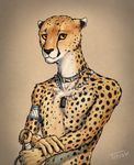  anthro armband cheetah claws feline fur jewelry looking_at_viewer male mammal melee_weapon necklace nude orange_eyes solo spots spotted_fur sword titusw weapon 