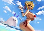  ahoge bare_shoulders bikini blonde_hair breasts eu03 fate/grand_order fate_(series) green_eyes huge_breasts medjed multiple_girls nero_claudius_(fate)_(all) nero_claudius_(swimsuit_caster)_(fate) nitocris_(fate/grand_order) nitocris_(swimsuit_assassin)_(fate) red_bikini side-tie_bikini sideboob striped striped_bikini swimsuit thighs 