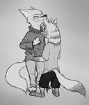  aardwolf anthro blush canine charlie_(weaver) clothing disney duo eyes_closed fan_character female fox fur greyscale hyena male mammal monochrome numbro pack_street seductive simple_background wolter_(weaver) zootopia 