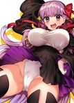  :d arm_up bangs bb_(fate)_(all) bb_(fate/extra_ccc) black_coat black_footwear blush boots bow breasts cameltoe eyebrows_visible_through_hair fate/extra fate/extra_ccc fate_(series) hair_bow hair_ribbon high-waist_skirt highleg highleg_leotard large_breasts leotard long_hair long_sleeves looking_at_viewer open_mouth purple_eyes purple_hair red_bow red_ribbon ribbon sakura_yuki_(clochette) simple_background skirt smile solo sweatdrop thigh_boots thighhighs thighs underbust v-shaped_eyebrows white_background white_leotard 