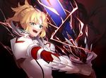  :d armor bangs blonde_hair braid citron_82 clarent eyebrows_visible_through_hair fate/apocrypha fate_(series) gauntlets half_updo long_hair looking_at_viewer mordred_(fate) mordred_(fate)_(all) open_mouth parted_bangs pauldrons ponytail sidelocks smile solo sword upper_body weapon 