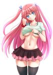  blue_eyes blush breasts collarbone eyebrows_visible_through_hair head_tilt highres kazenokaze large_breasts long_hair looking_at_viewer navel pink_hair red_scrunchie sakura_airi scrunchie shirt_lift simple_background skirt solo standing thighhighs two_side_up underboob very_long_hair wrist_scrunchie youkoso_jitsuryoku_shijou_shugi_no_kyoushitsu_e 