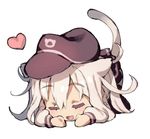  animal_ears bangs black_skirt cat_ears cat_tail chibi closed_eyes commentary_request eyebrows_visible_through_hair flat_cap hair_between_eyes hat heart hibiki_(kantai_collection) kantai_collection kemonomimi_mode long_hair long_sleeves open_mouth pleated_skirt redcomet school_uniform serafuku silver_hair simple_background skirt smile solo tail top-down_bottom-up white_background 