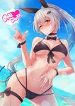  beach blush breasts day earrings five-seven_(girls_frontline) girls_frontline highres jewelry large_breasts long_hair looking_at_viewer one_eye_closed outdoors ponytail rebe11 silver_hair sky swimsuit wet 