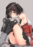  armor armored_boots armpit_crease black_gloves black_hair black_legwear black_skirt blush boots breasts brown_eyes dress elbow_gloves fingerless_gloves frilled_dress frills gloves grey_background hair_ornament jaku_denpa kantai_collection legs_up looking_at_viewer medium_breasts pleated_skirt red_dress remodel_(kantai_collection) scarf sendai_(kantai_collection) shiny shiny_hair short_hair sideboob simple_background single_thighhigh sitting skirt smile socks solo thighhighs torpedo turret two_side_up 