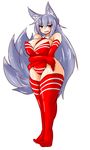 1girl animal_ears ayazumi_flutter bare_shoulders blue_eyes blue_hair breasts cleavage curvy elbow_gloves female full_body gloves huge_breasts leotard long_hair looking_at_viewer necktie open_mouth red_gloves red_legwear simple_background solo standing tail thick_thighs thighhighs very_long_hair white_background wide_hips wolf_ears wolf_tail 