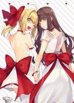  back_bow blonde_hair bow brown_hair commentary dress fate/extella fate/extra fate_(series) from_behind highres hino_hinako interlocked_fingers kishinami_hakuno_(female) multiple_girls nero_claudius_(fate) nero_claudius_(fate)_(all) one_eye_closed red_ribbon ribbon strapless strapless_dress yuri 