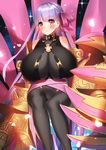  alternate_legwear bare_shoulders black_legwear blush bow breasts claws fate/extra fate/extra_ccc fate/grand_order fate_(series) gigantic_breasts hair_bow hair_ribbon highres huatu_jiang long_hair looking_at_viewer o-ring o-ring_top passion_lip petals pink_ribbon purple_hair ribbon smile solo thighhighs 