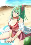  beach boo_cipher breasts chiki cleavage_cutout day fire_emblem fire_emblem:_kakusei fire_emblem:_monshou_no_nazo fire_emblem_heroes green_hair grin highres large_breasts long_hair looking_at_viewer mamkute pointy_ears smile solo 