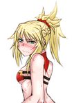  &gt;:( bangs bare_arms bare_shoulders blonde_hair blush eyebrows_visible_through_hair fate/apocrypha fate/grand_order fate_(series) frown green_eyes highres mitsurugi_tsurugi mordred_(fate) mordred_(fate)_(all) ponytail red_bikini_top simple_background solo swimsuit upper_body v-shaped_eyebrows white_background 