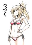  armpits bare_shoulders bikini black_ribbon blonde_hair braid breasts cleavage closed_mouth collarbone comic cowboy_shot expressionless eyebrows_visible_through_hair fate/apocrypha fate/grand_order fate_(series) french_braid front-tie_bikini front-tie_top green_eyes half-closed_eyes hand_on_hip highres long_hair looking_away mitsurugi_tsurugi mordred_(fate) mordred_(fate)_(all) navel ponytail red_bikini ribbon side-tie_bikini side_ponytail sidelocks simple_background small_breasts standing stomach sweat sweatdrop swimsuit translated tsurime white_background 