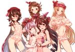  ass ass_visible_through_thighs bare_shoulders bikini blonde_hair blush bow bracelet breasts brown_eyes brown_hair canna_(granblue_fantasy) cape detached_sleeves diantha_(granblue_fantasy) diola_(granblue_fantasy) frilled_panties frills gloves granblue_fantasy groin hair_bow harie_(granblue_fantasy) harigane_shinshi hat heart heart-shaped_boob_challenge heart_hands highres interlocked_fingers jewelry large_breasts linaria_(granblue_fantasy) long_hair looking_at_viewer medium_breasts mini_hat multiple_girls navel nipple_press nipples one-piece_swimsuit open_mouth panties pink_hair scrunchie see-through short_hair simple_background small_breasts smile swimsuit underwear white_background wrist_scrunchie 