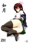  ass black_legwear blouse blush breasts brown_hair character_name commentary_request crescent crescent_moon_pin green_skirt hair_ornament jacket kantai_collection kisaragi_(kantai_collection) long_hair long_sleeves looking_at_viewer lying making_of neckerchief no_shoes panties pleated_skirt purple_eyes remodel_(kantai_collection) ribbon school_uniform serafuku signature skirt small_breasts solo text_focus thighhighs tsukino_murakumo underwear white_panties 