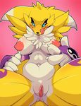  2017 anthro anus blush breasts chest_tuft clitoris digimon female fur hi_res licking licking_lips looking_at_viewer nipples nude pussy renamon snappygrey solo tongue tongue_out tuft yellow_fur 