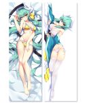  bikini bow bra commentary_request dakimakura dragon_girl fate/grand_order fate_(series) green_hair hair_bow highres horns japanese_clothes kiyohime_(fate/grand_order) kiyohime_(swimsuit_lancer)_(fate) long_hair looking_at_viewer panties rx7649 smile swimsuit underwear very_long_hair white_bra white_legwear white_panties yellow_bikini_top yellow_eyes 