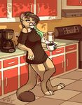  2017 anthro beverage bottomless clothed clothing coffee coffee_cup cougar crossed_legs dipstick_tail ear_piercing feline female fingerless_(marking) hair half-closed_eyes holding_object inner_ear_fluff inside kitchen mammal multicolored_hair multicolored_tail oven piercing reclining sepia_(artist) shirt solo tired toeless_(marking) two_tone_hair willow_(sepia) 